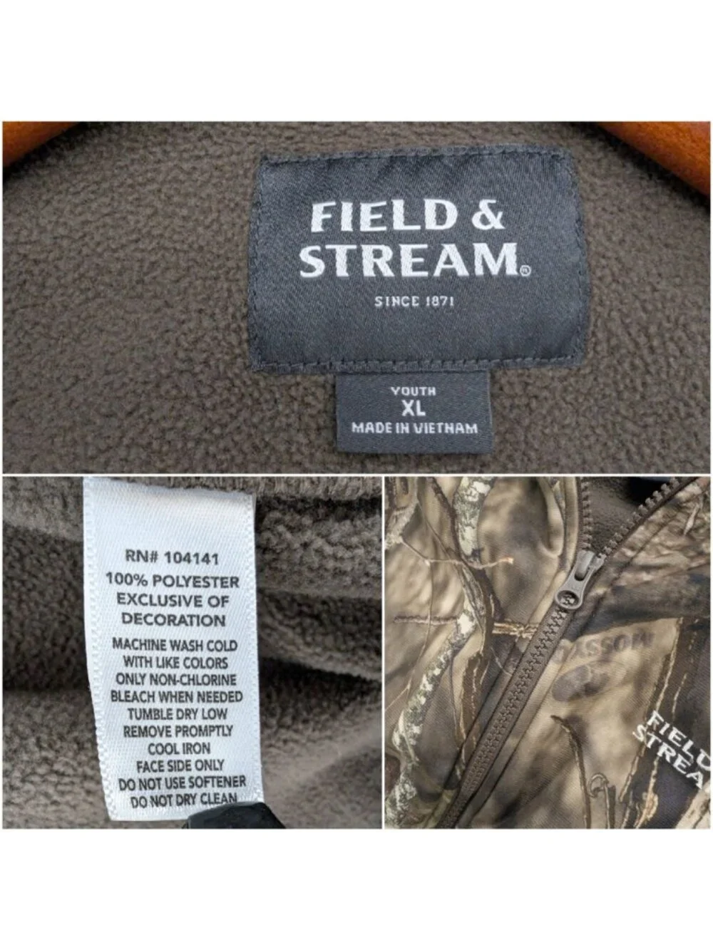 Field Stream Mossy Oak Jacket Boys Green Camo Full Zip Hooded Hunting Size XL